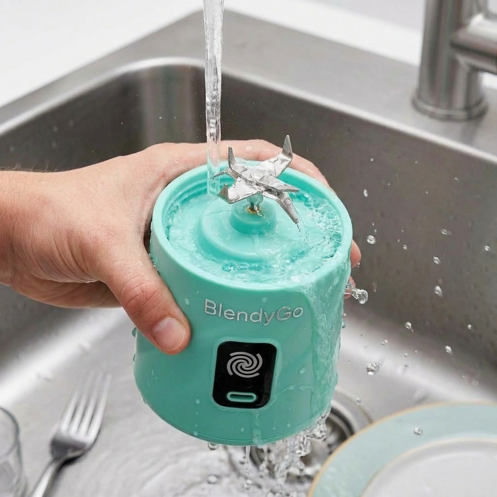 カップと蓋を外したBlendyGo3のベースを流水で本体ごと洗う様子