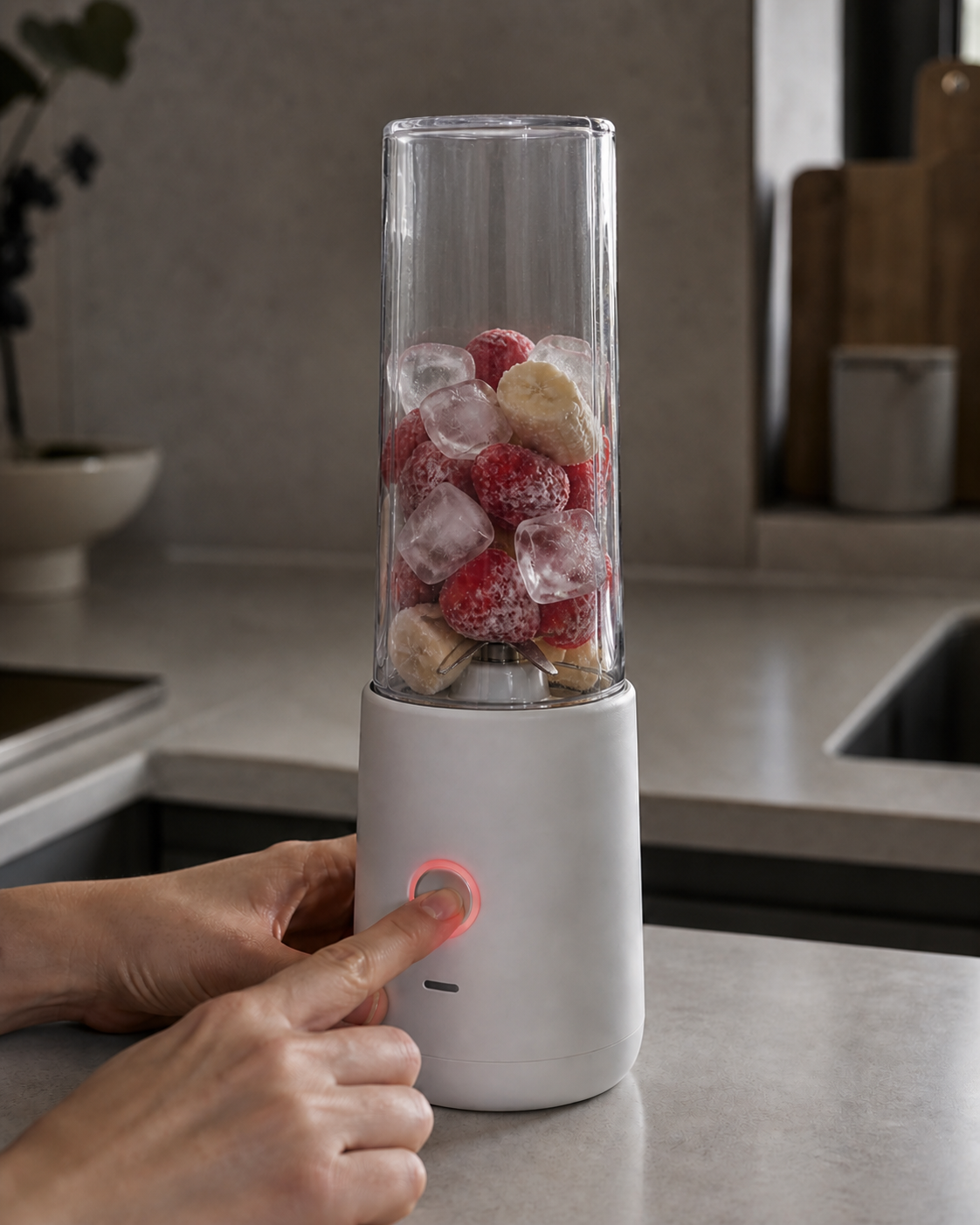 安価なコードレスミキサーが容量の約7割の氷と冷凍果物で途中停止した様子