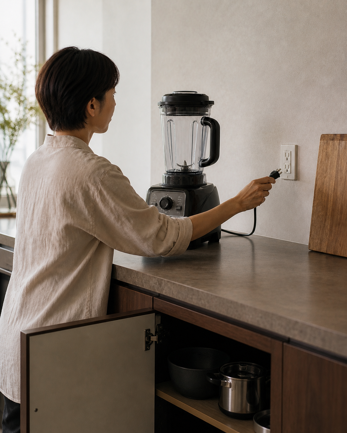 台の下の収納棚から大型ミキサーを取り出し、コンセントにつなぐ直前の様子